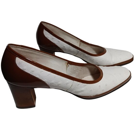 7.5 aaa N Vintage Womens Shoes PUMPS 1970s RISQUE FAUX OSTRICH 2 TONE IN BOX - Picture 2 of 11